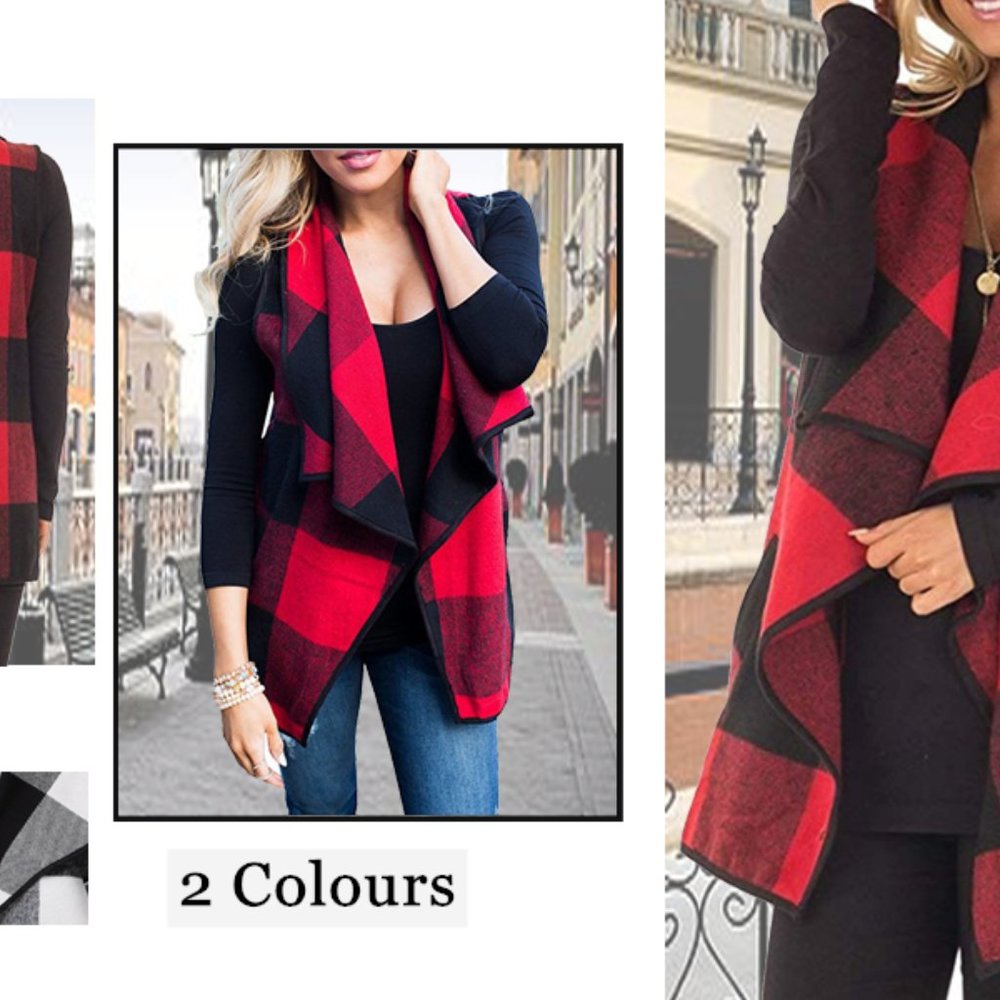 NWT XL Lapel Open Front Asymmetric Buffalo Plaid Red/Black Vest w/ Pockets